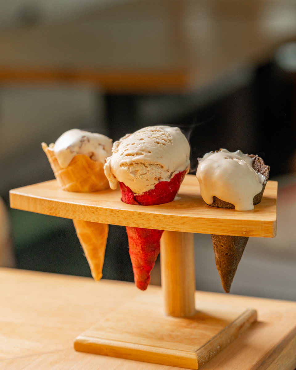 A flight of three gelato scoops