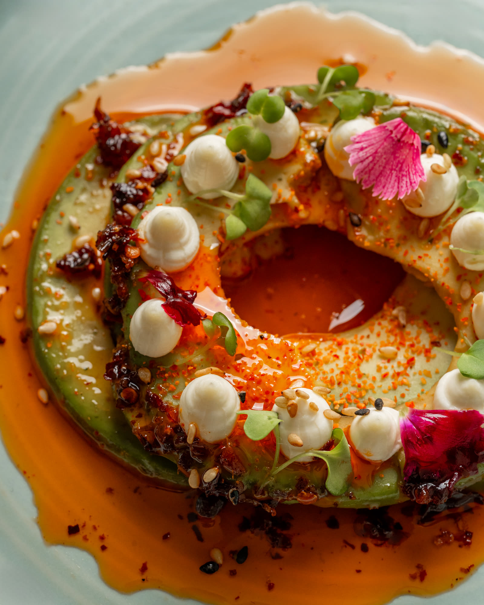 Abokado's avocado ring with chilli crisp and wasabi cream