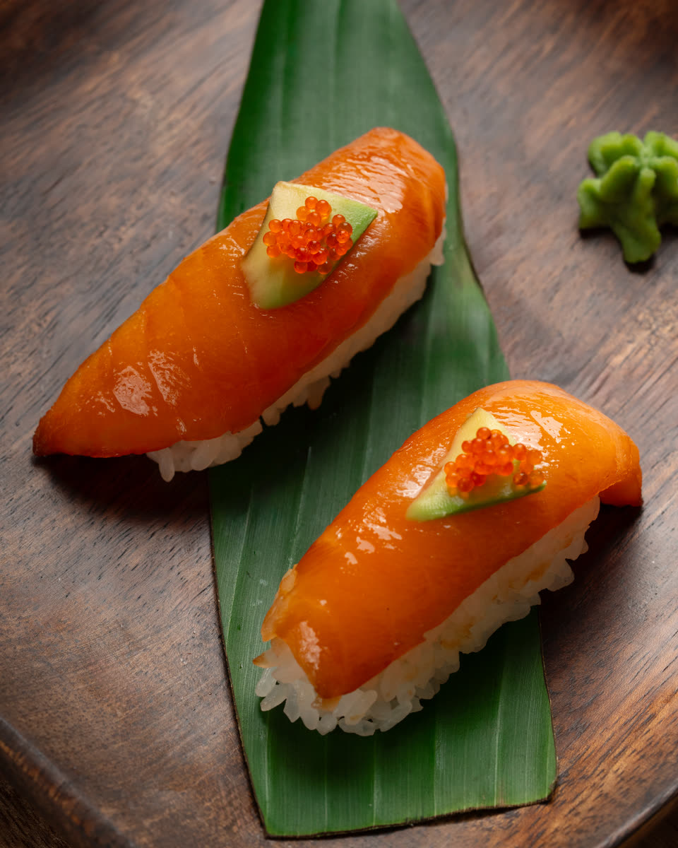 Salmon nigiri on a banana leaf